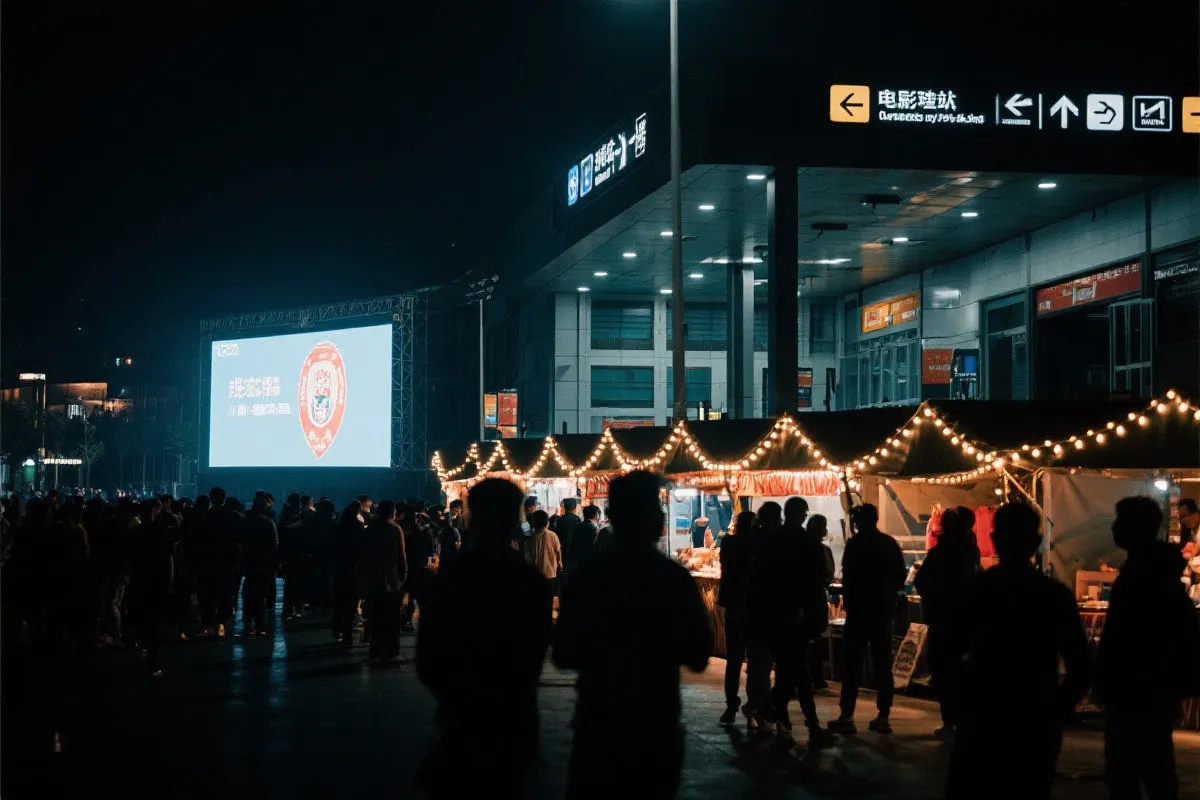 费城球迷广场夜景：大屏观赛人群、步行指示牌与公共交通入口
